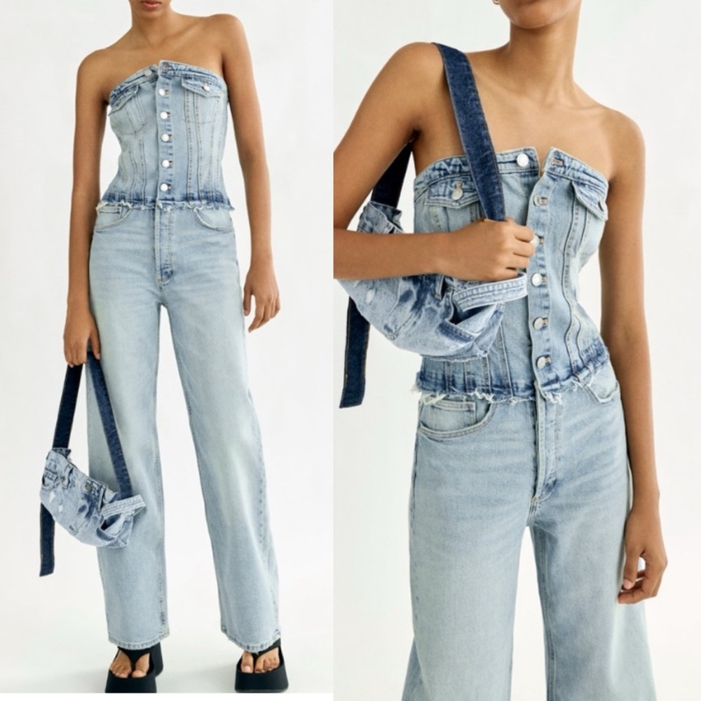 ZARA Acid Wash Strapless Wide Leg Jumpsuit